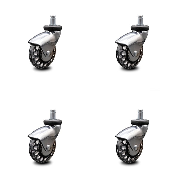 3 Inch Bright Chrome Hooded Polyurethane 7/8 Inch Grip Ring Stem Casters, 4PK